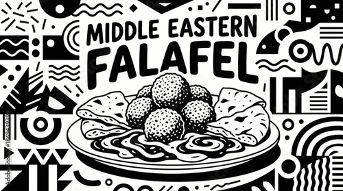 falafel balls served with pita and sauce Monochrome vector illustration, representing popular Middle Eastern and Asian street cuisine