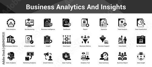 Business Analytics And Insights Cohesive set of minimalist vector icons representing key ideas with visual clarity