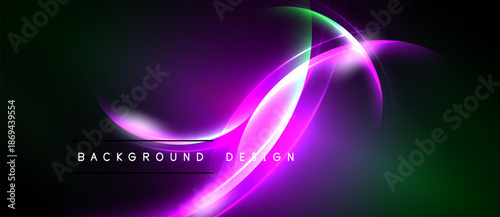 Abstract neon lines create dynamic flow. Purple, green hues dominate dark background. Text reads background design. Modern, vibrant visual.