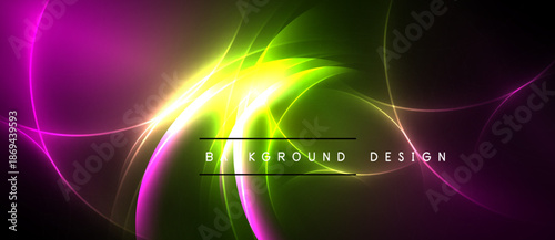 Vibrant abstract lines create dynamic energy. Pink, green, yellow hues blend into dark background. Modern design element.