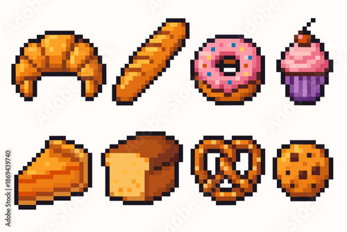 Pixel art bakery icons: croissant, baguette, donut, cupcake, cheesecake, bread, pretzel, cookie
