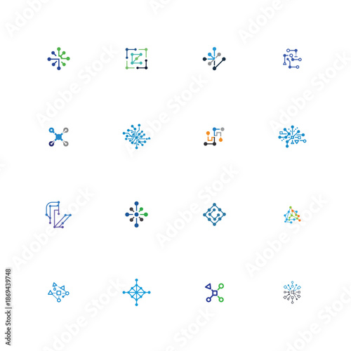 Technology and Data Connection Network Icon Set with Digital Nodes