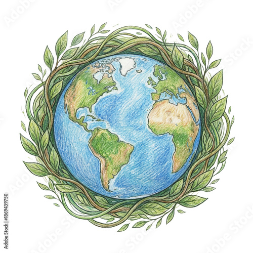 Earth drawing surrounded by green vines and leaves