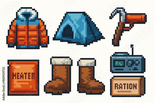 Pixel art outdoor gear - jacket, tent, ice axe, heater, boots, radio, ration
