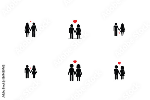 Romantic Couple Silhouette Icon Set with Red Heart for Valentine's Day