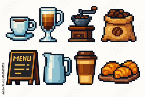 Pixel art coffee shop icons: drinks, grinder, menu, milk jug, bag of beans, pastries