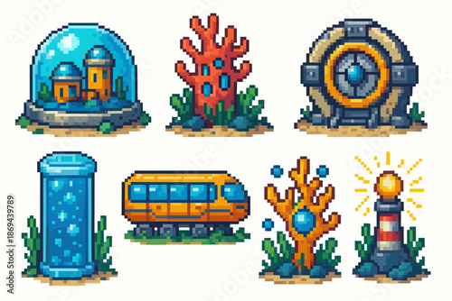 Colorful marine pixel art: underwater scenes and objects