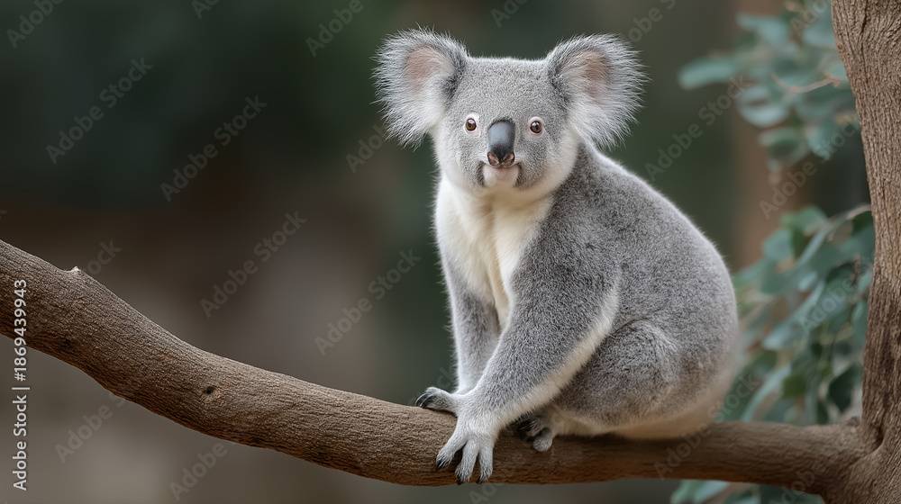 Fototapeta premium Cute koala sitting on tree branch in natural habitat wildlife conservation and Australian nature concept