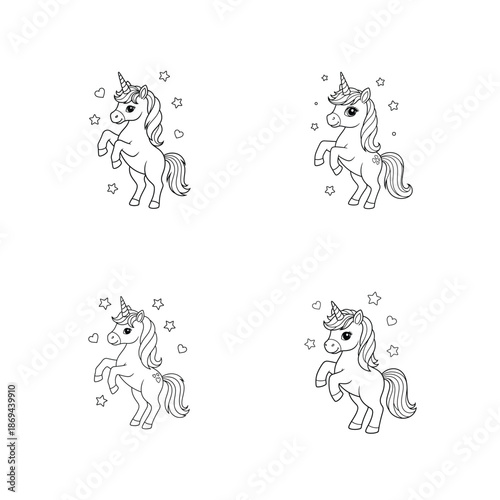 Cute Unicorn Coloring Page Set for Kids with Stars and Hearts Illustration