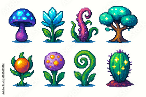 Colorful pixel art fantasy plants and trees collection