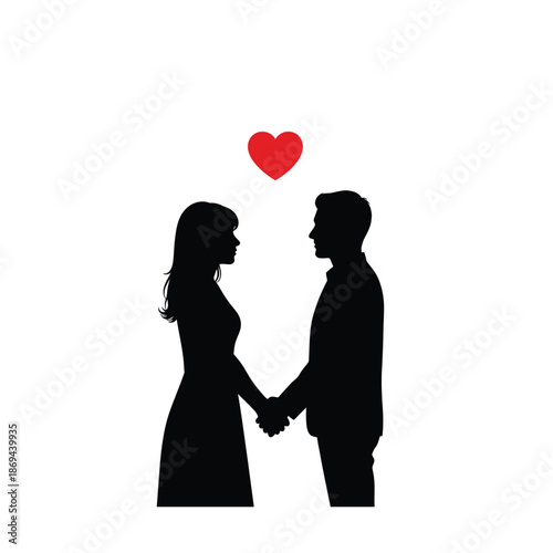 Silhouette of Romantic Couple Holding Hands with Red Heart Symbol