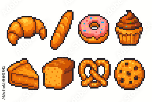 Pixel art pastry collection: croissant, donut, cupcake, and more