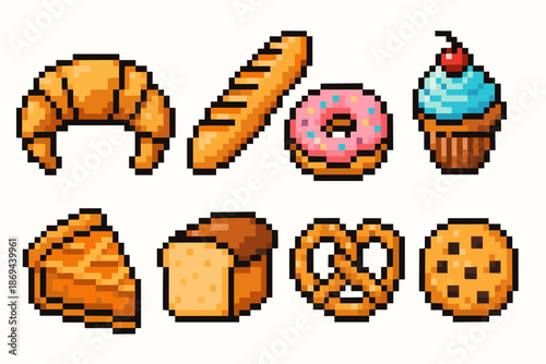 Pixel art bakery: croissant, baguette, donut, cupcake, pie, bread, pretzel, cookie