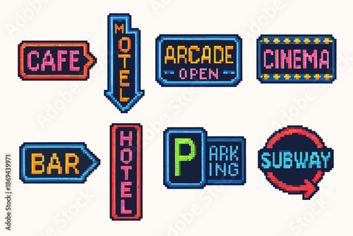 Colorful retro 8-bit pixel art signs for various establishments