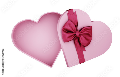 Pink heart shaped present box wrapped with red bow tie isolated on white background. Valentine's day giftbox for luxury product mockup. Mother's day, woman, birthday, anniversary holiday celebration.