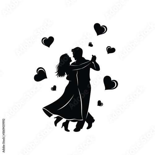Romantic dancing couple silhouette with floating hearts isolated on white background - Wedding or Valentine's Day concept