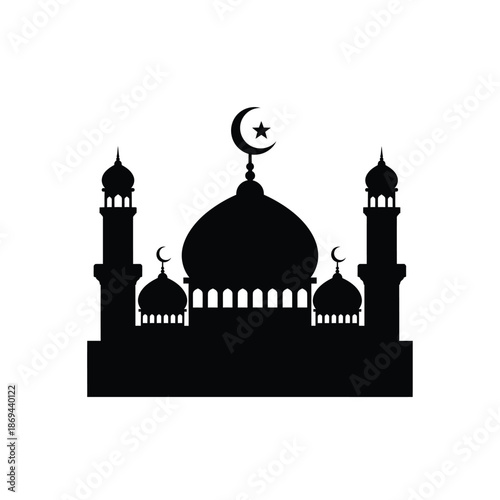 Islamic mosque building silhouette with crescent moon and star for Ramadan or Eid celebration