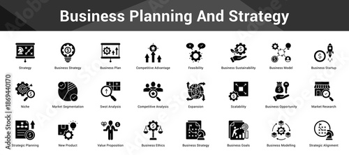 Business Planning And Strategy Cohesive set of minimalist vector icons representing key ideas with visual clarity
