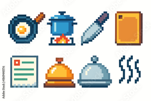 Pixel art cooking icons: frying pan, knife, cutting board, recipe, bell, steam