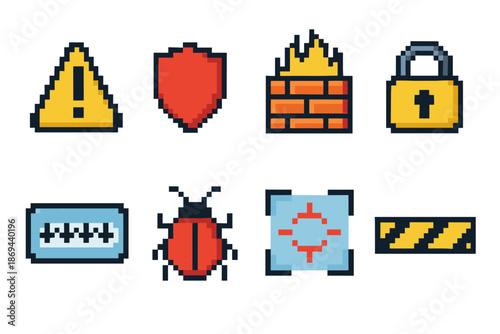 Pixel art security icons: shield, firewall, lock, bug, target, caution