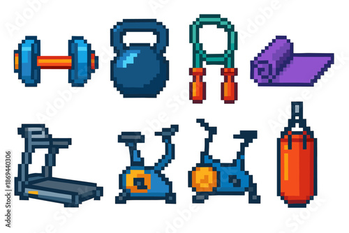 Pixel art gym equipment: dumbbell, kettlebell, jump rope, yoga mat, treadmill, exercise bike, punching bag