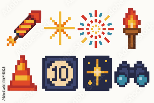 Pixel art icons: fireworks, torch, traffic cone, binoculars, stars