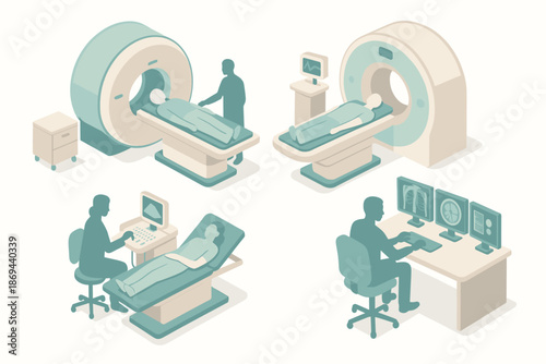 Medical imaging isometric illustration with scanners and patients