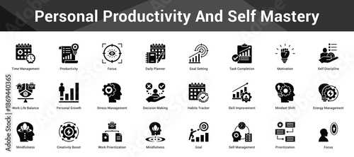 Personal Productivity And Self Mastery Cohesive set of minimalist vector icons representing key ideas with visual clarity