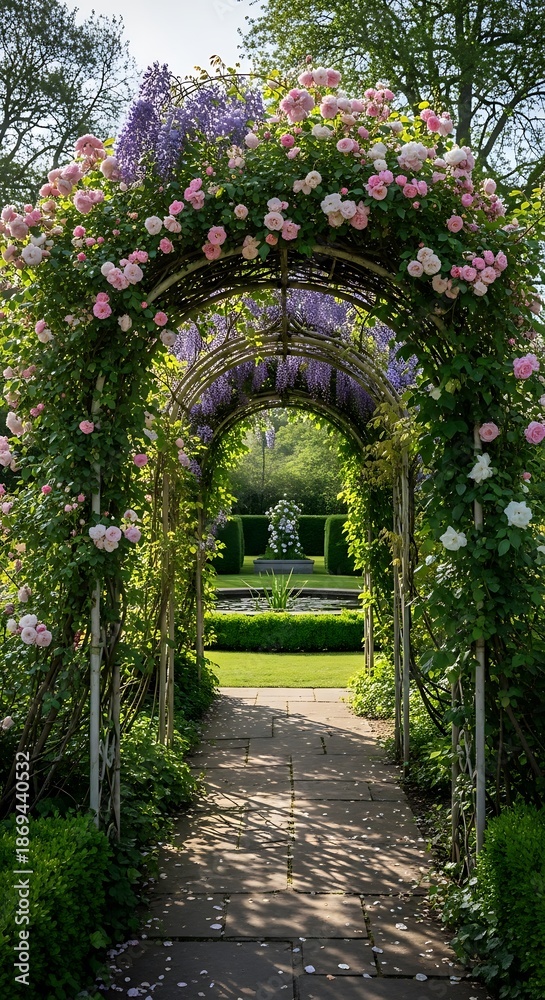 Fototapeta premium Romantic Garden Path Through a Blooming Rose Archway.