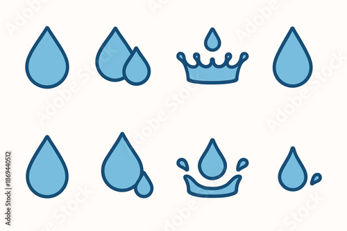 Blue water drop icon set - droplets and crown splash designs