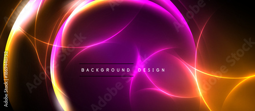 Abstract neon lights create dynamic purple, orange glow. Modern background design with curved lines, energy flow.