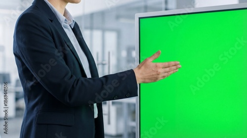 Business professional presenting in a modern office, gesturing towards a large green screen display ready for customizable content integration