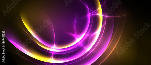 Abstract luminous curves, vibrant purple, gold hues. Dynamic energy radiates from central point, dark background enhances glow.