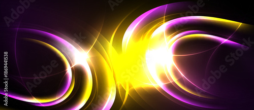 Bright abstract design features curved lines, vibrant purple, yellow hues. Intense light radiates from central point. Dynamic energy flows throughout composition.