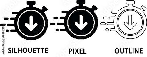 Minimalist icon depicting fast download speed with a stopwatch and arrow design