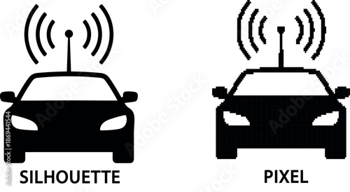 Minimalist black and white icon depicting a self driving car with signal waves