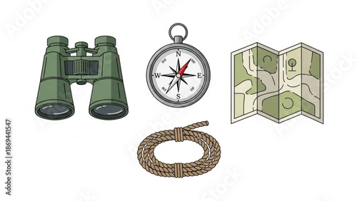 Illustration of green binoculars compass folded map and coiled rope for navigation and exploration