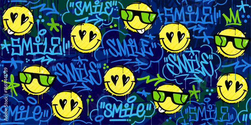 Cool Abstract Street Art Graffiti Style Happy Smiling Face Background Template