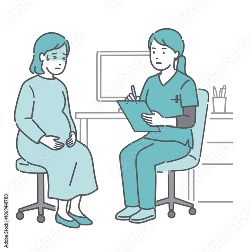 体調不良を訴える妊婦と女性医師・助産師（スクラブ・救急）