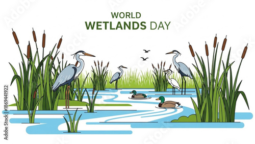World wetlands day illustration with herons ducks and cattails in a serene aquatic ecosystem