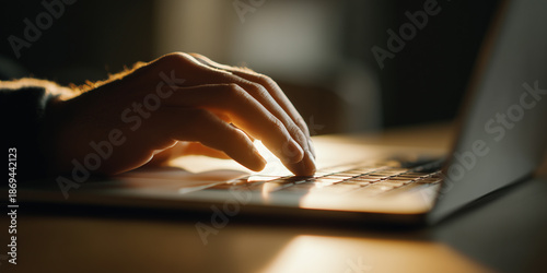 Person's hand typing on a laptop keyboard, illuminated by ambient light, working, studying, or browsing online late