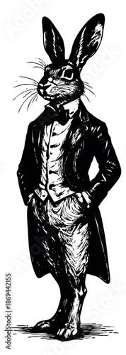 Vintage hand drawn line art illustration of an anthropomorphic rabbit depicting a dapper gentleman for fantasy themes