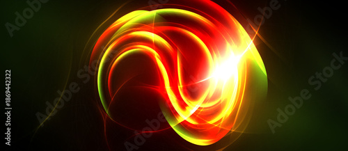 Bright swirling energy forms abstract orb. Red, yellow, green hues dominate dark background. Dynamic light radiates outward.