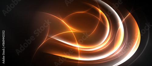 Abstract swirls, bright orange glow, dark background. Dynamic lines create flowing energy, modern design. Light radiates, captivating visual.