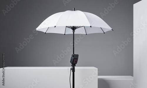 Empty Light Modifier. A large, white umbrella light modifier is open and standing on its own, but the flash head