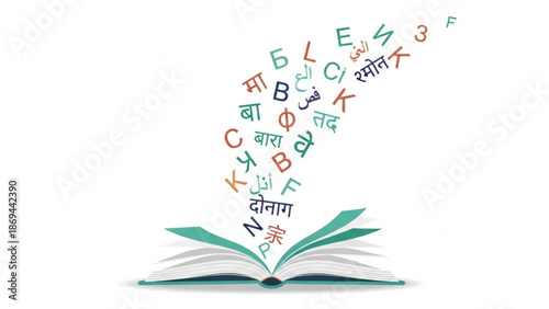 Open book with colorful letters and symbols rising from the pages in a creative educational concept