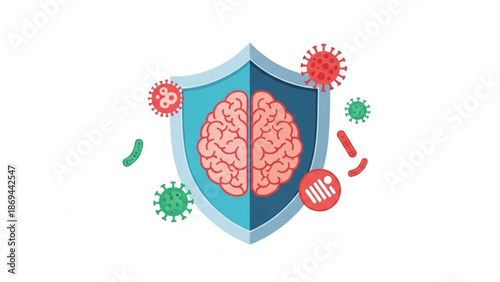 Brain protected by shield from viruses and bacteria for health and safety concept