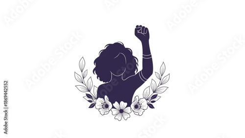 A dark purple silhouette of a woman with her fist raised in empowerment surrounded by white flowers