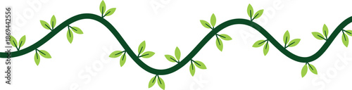 Seamless green vine with leaves, flat vector illustration of a wavy climbing plant branch