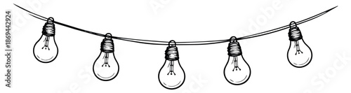 Hand drawn line art illustration of string lights depicting hanging decorative bulbs for celebrations